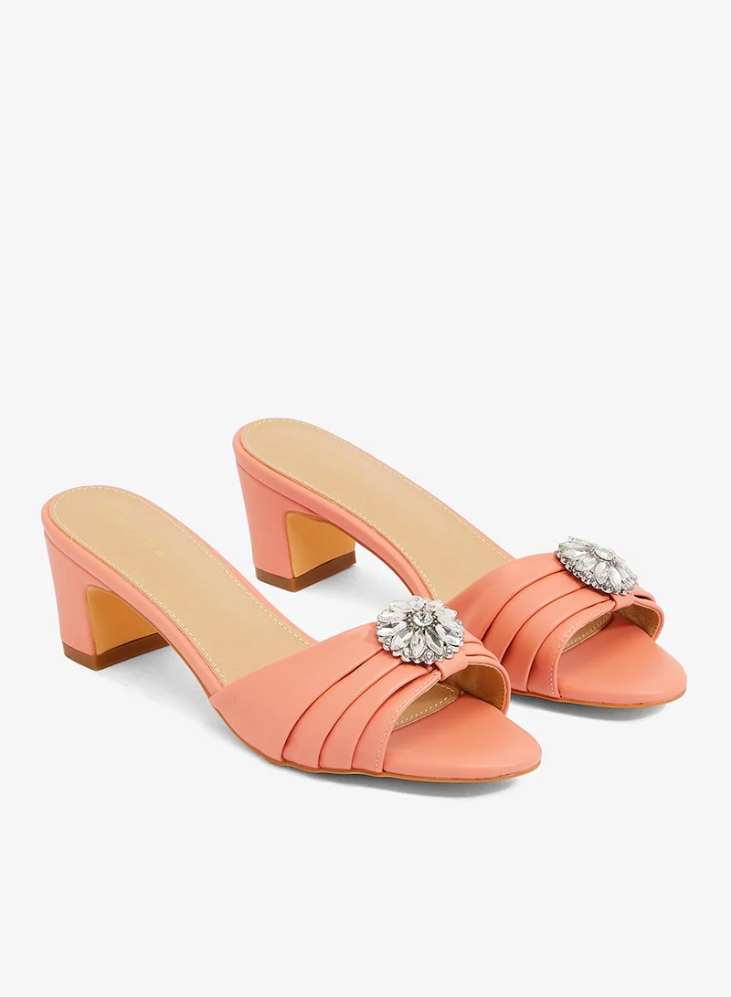 Khizana Pink peach suede gathered upper sandal with block heel, and encrusted buckle for Women | Best Price UAE