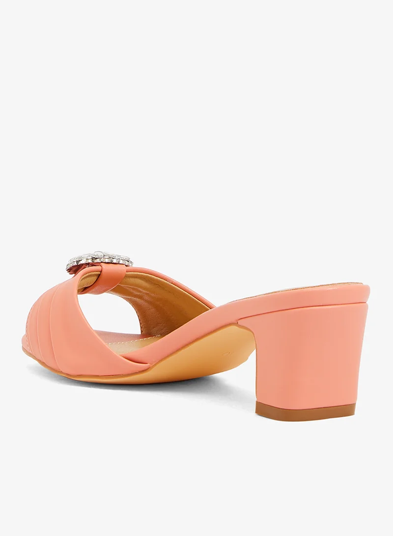 Khizana Pink peach suede gathered upper sandal with block heel, and encrusted buckle for Women | Best Price UAE