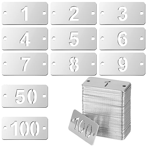 Hicarer 1-100 Numbered Tags 100 Pcs Rectangle Metal Tags Stainless Steel Number ID Key Tag with Holes for Hotel Dormitory Lockers(1.57 x 0.79 Inches) - Image 1