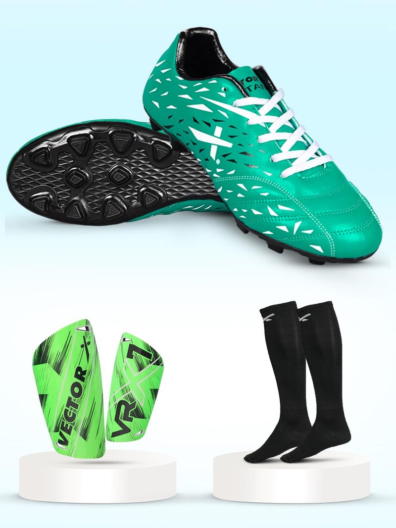 Vector X Combo Titan Football Shoes with Socks & Shinguard Football Shoes for Men (Green,5) - Image 1