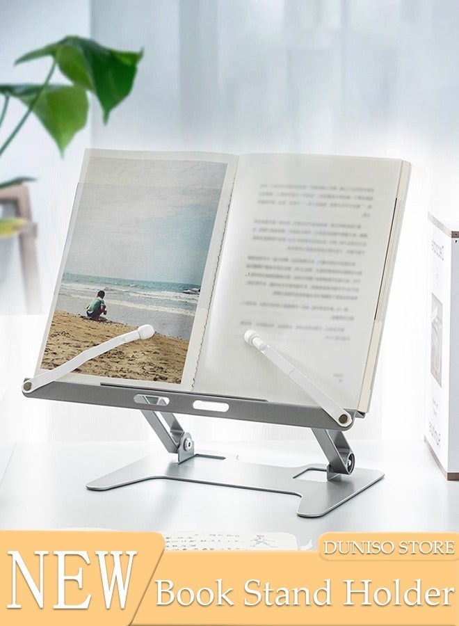 DUNISO Carbon Steel Book Stand Holder, Foldable Large Book Stands Reading Book Holder With Mutiple Adjustable Height and Page Clips, Foldable Metal Book Holder For Textbook, Music Books, Laptop - Image 1