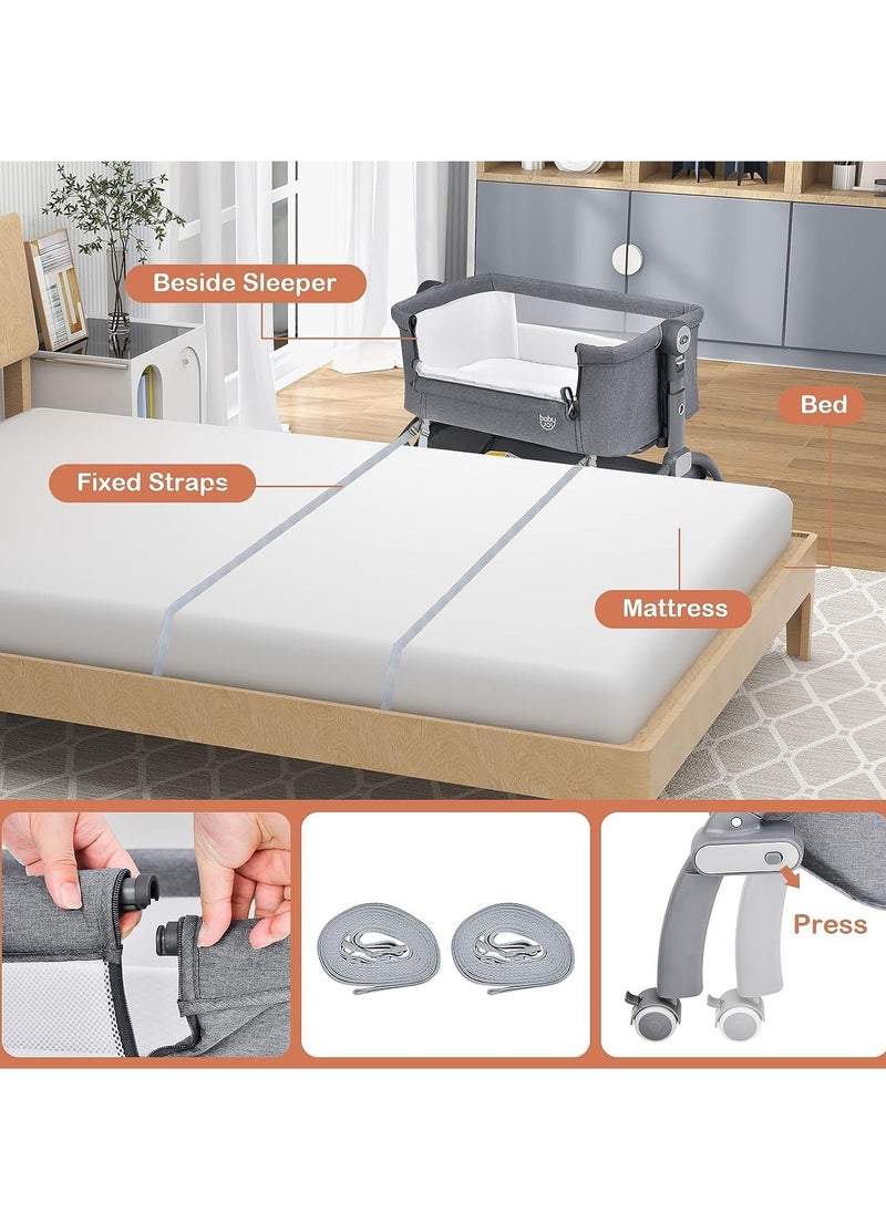 Baby Bedside Crib, Heights Adjustable Rocking Bassinet with Mattress, Storage Shelf and Travel Bag, Newborn Sleeper for Birth to 9kg (Grey)