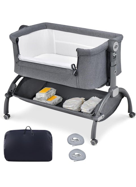 Baby Bedside Crib, Heights Adjustable Rocking Bassinet with Mattress, Storage Shelf and Travel Bag, Newborn Sleeper for Birth to 9kg (Grey)