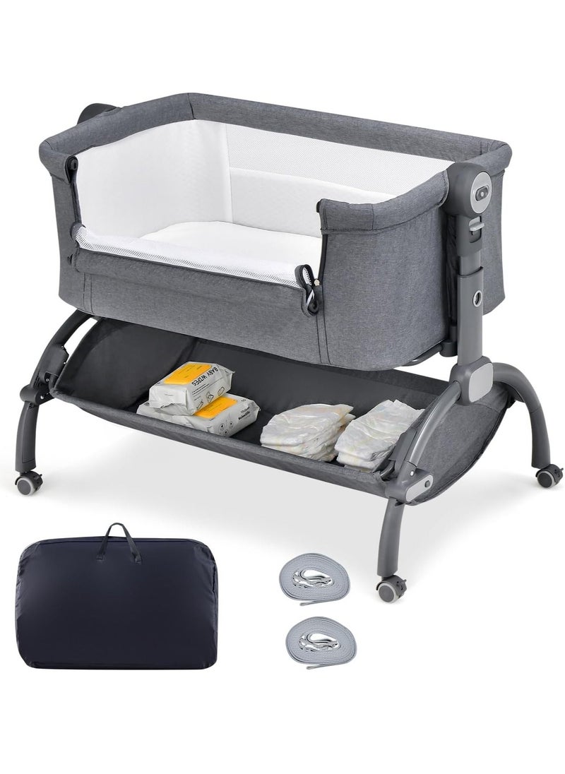 Baby Bedside Crib, Heights Adjustable Rocking Bassinet with Mattress, Storage Shelf and Travel Bag, Newborn Sleeper for Birth to 9kg (Grey)
