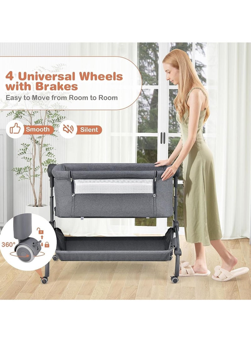 Baby Bedside Crib, Heights Adjustable Rocking Bassinet with Mattress, Storage Shelf and Travel Bag, Newborn Sleeper for Birth to 9kg (Grey)