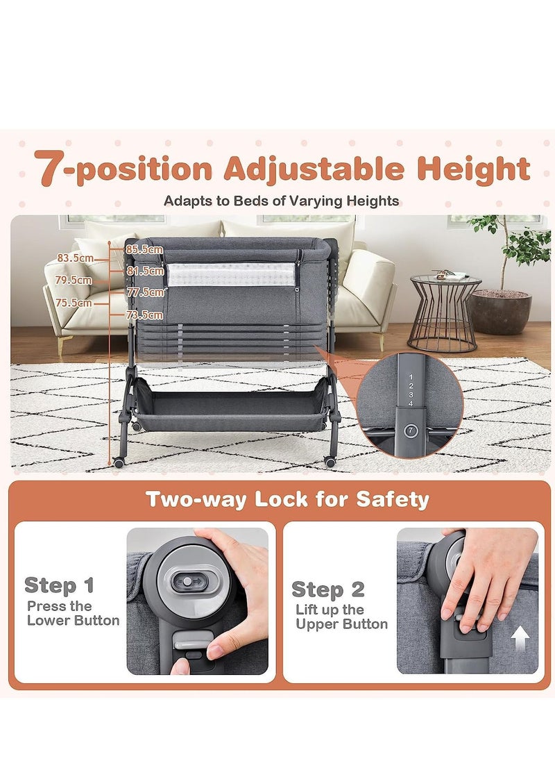 Baby Bedside Crib, Heights Adjustable Rocking Bassinet with Mattress, Storage Shelf and Travel Bag, Newborn Sleeper for Birth to 9kg (Grey)