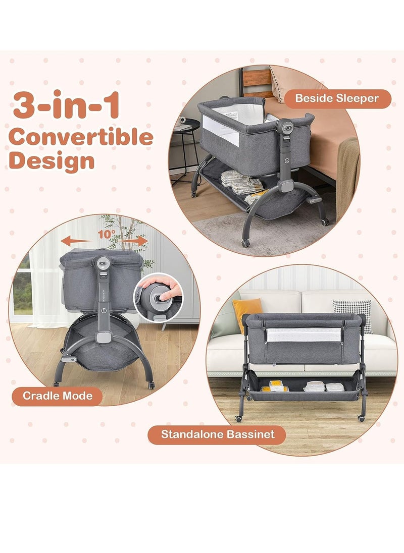Baby Bedside Crib, Heights Adjustable Rocking Bassinet with Mattress, Storage Shelf and Travel Bag, Newborn Sleeper for Birth to 9kg (Grey)