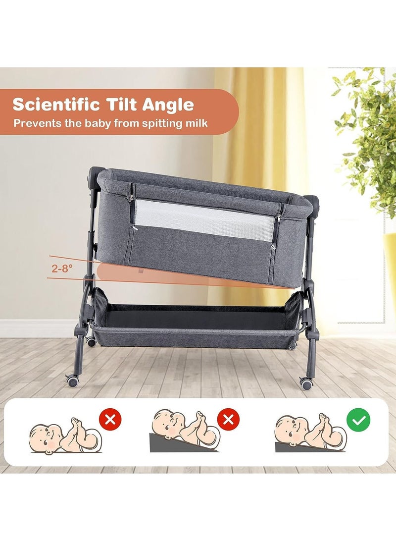 Baby Bedside Crib, Heights Adjustable Rocking Bassinet with Mattress, Storage Shelf and Travel Bag, Newborn Sleeper for Birth to 9kg (Grey)