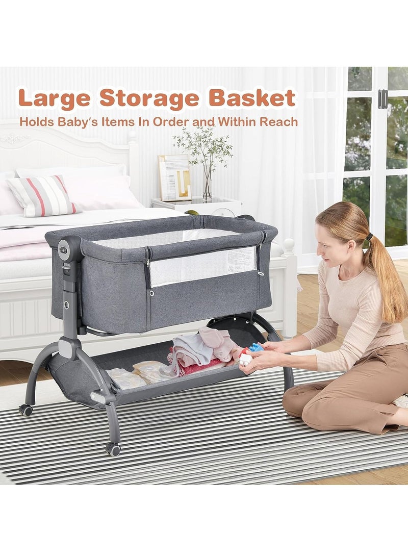 Baby Bedside Crib, Heights Adjustable Rocking Bassinet with Mattress, Storage Shelf and Travel Bag, Newborn Sleeper for Birth to 9kg (Grey)