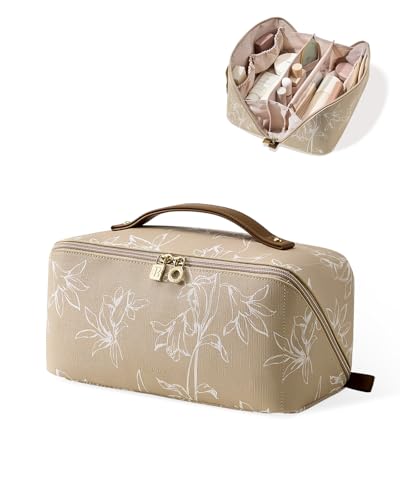 EACHY Travel Makeup Bag,Large Capacity Cosmetic Bags for Women,Waterproof Portable Pouch Open Flat Toiletry Bag Pattern Makeup Bag (F-Brown-Large) - Image 1