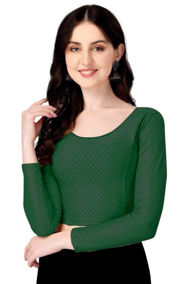 Shiv Textiles Round Neck Dobby Cotton Lycra Stretchable Elbow Sleeve Readymade Saree Blouse for Women Stylish (GreenFree Size Full Sleeve) - Image 1