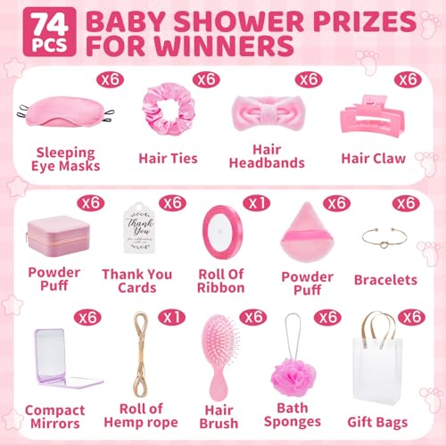 Rigibright 74Pcs Baby Shower Prizes for Game Winners Baby Shower Favors Gifts including Headband Hair Brush Jewelry Box with Gift Bag for Baby Shower Game Prizes Wedding Bridal Shower Favors (Pink) - Image 2
