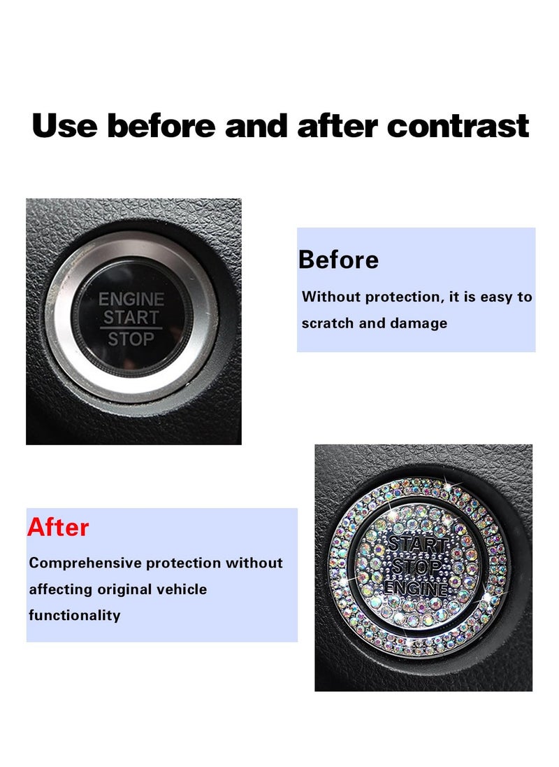 2 PCS Car One-Button Start Button Outer Ring Sticker, Sparkling Rhinestones Fully Protect Button Decorative Cover, Self-Adhesive Anti-Scratch Accessory, for Most Models