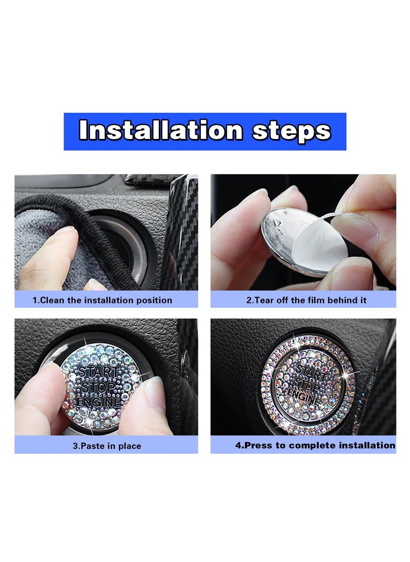 2 PCS Car One-Button Start Button Outer Ring Sticker, Sparkling Rhinestones Fully Protect Button Decorative Cover, Self-Adhesive Anti-Scratch Accessory, for Most Models