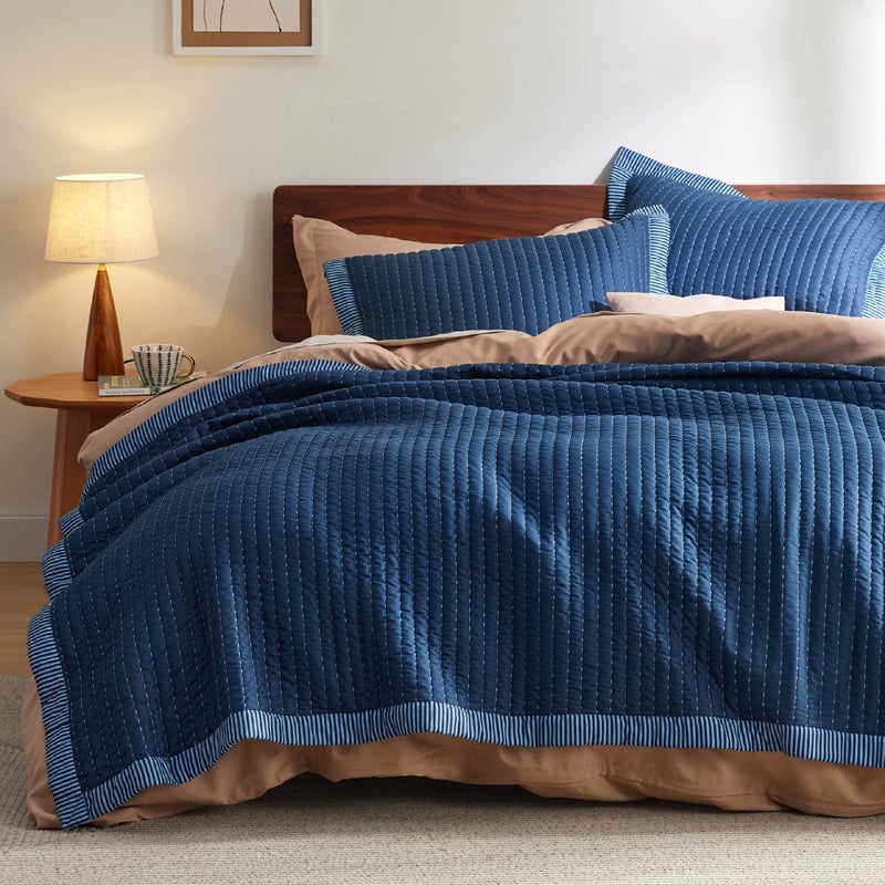 Bedsure Bedsure Navy Quilts Queen Size  Queen Quilt Bedding Set Bedspread Coverlet Lightweight Corduroy Pattern Bedspread 3Piece Set with 90x96 Coverlet  2 Pillow Shams AllSeason Soft Microfiber 