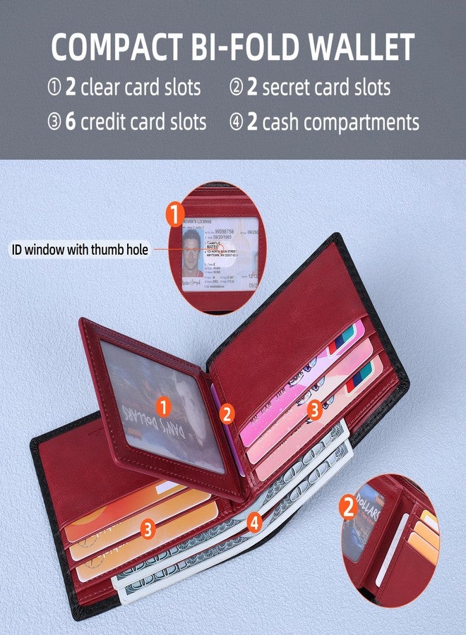VISOUL Wallet for Men with 2 ID Windows 8 Credit Card Slots 2 Cash Compartments, Carbon Fiber Leather Bifold Mens Wallet with RFID Blocking (Carbon Fiber Black+Burgundy) - Image 2