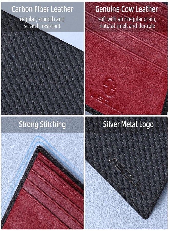 VISOUL Wallet for Men with 2 ID Windows 8 Credit Card Slots 2 Cash Compartments, Carbon Fiber Leather Bifold Mens Wallet with RFID Blocking (Carbon Fiber Black+Burgundy) - Image 3