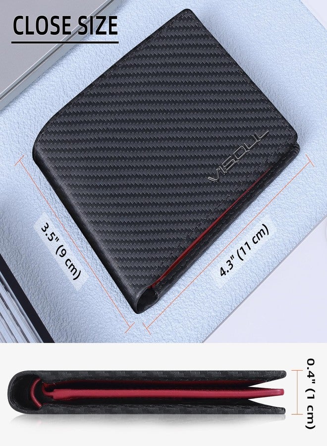 VISOUL Wallet for Men with 2 ID Windows 8 Credit Card Slots 2 Cash Compartments, Carbon Fiber Leather Bifold Mens Wallet with RFID Blocking (Carbon Fiber Black+Burgundy) - Image 4