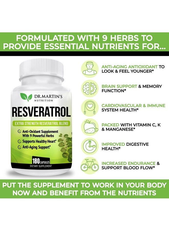 DR. MARTIN'S NUTRITION Extra Strength Resveratrol 1568Mg 180 Capsules 3 Months Supply ; Antioxidant Supplement ; Natural Transresveratrol Pills ; For Antiaging Heart Health Immune System & Brain Function - Image 3