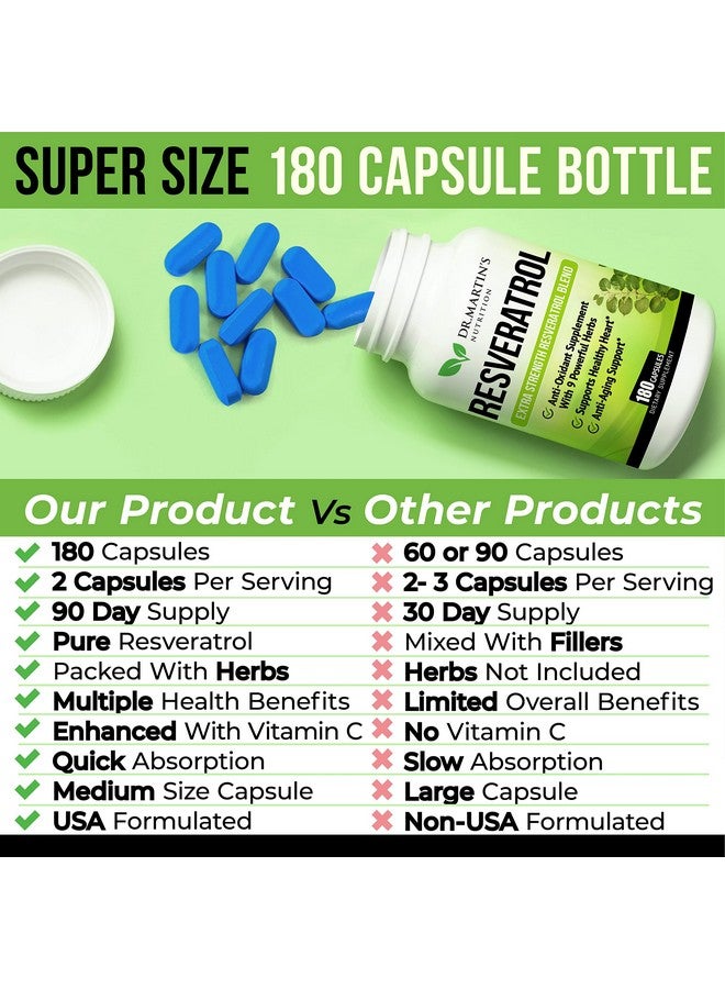DR. MARTIN'S NUTRITION Extra Strength Resveratrol 1568Mg 180 Capsules 3 Months Supply ; Antioxidant Supplement ; Natural Transresveratrol Pills ; For Antiaging Heart Health Immune System & Brain Function - Image 4