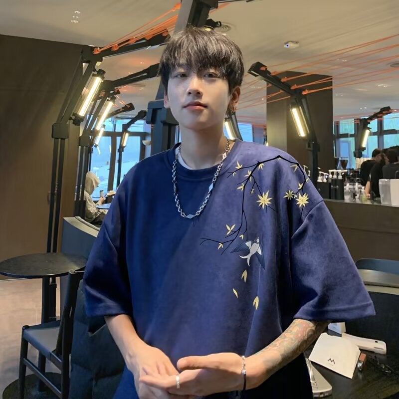 Heavy Branch Printed Short-Sleeved T-Shirt Men'S 2024 Fashionable Suede Round Neck Half-Sleeved Suede For Teenagers - Image 2