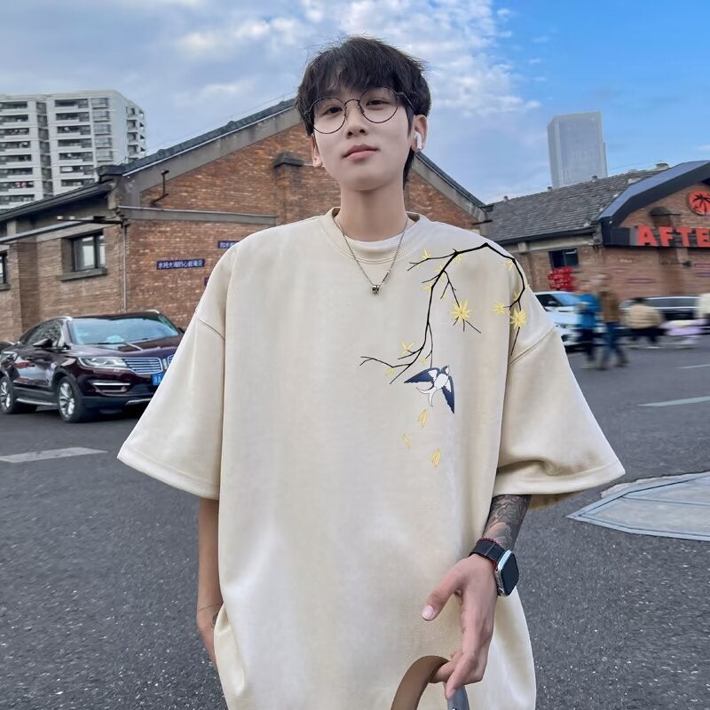 Heavy Branch Printed Short-Sleeved T-Shirt Men'S 2024 Fashionable Suede Round Neck Half-Sleeved Suede For Teenagers - Image 1