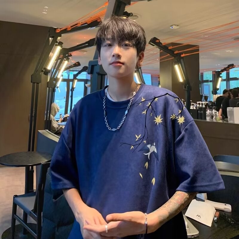 Heavy Branch Printed Short-Sleeved T-Shirt Men'S 2024 Fashionable Suede Round Neck Half-Sleeved Suede For Teenagers - Image 5