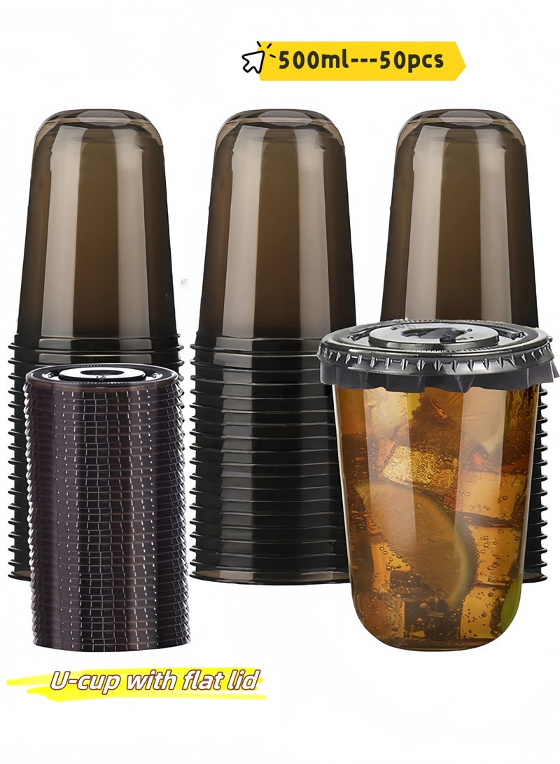 ٥٠ كوب بلاستيك أسود مع أغطية، سعة ٥٠٠ مل – للمشروبات الباردة مثل القهوة المثلجة، العصائر، السموذي، مناسب للحفلات والمقاهي - Image 1