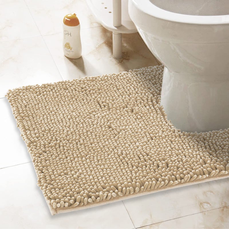 ITSOFT NonSlip Shaggy Chenille Toilet Contour Bathroom Rug with Water Absorbent 24 x 21 Inches UShaped Beige