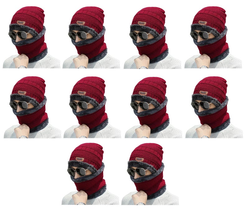 Zacharias Unisex Winter Woolen Cap with Neckmuffler/Neckwarmer cw-13 (Maroon_Free Size) (Pack of 10 Pair) - Image 1