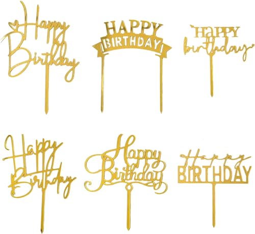 Hazyore Gold Birthday Cake Topper, 6pcs Acrylic Birthday Cake Toppers Happy Birth Cake Toppers for Decorations Gold Topper for Girls Women's Party Decorations - Image 1
