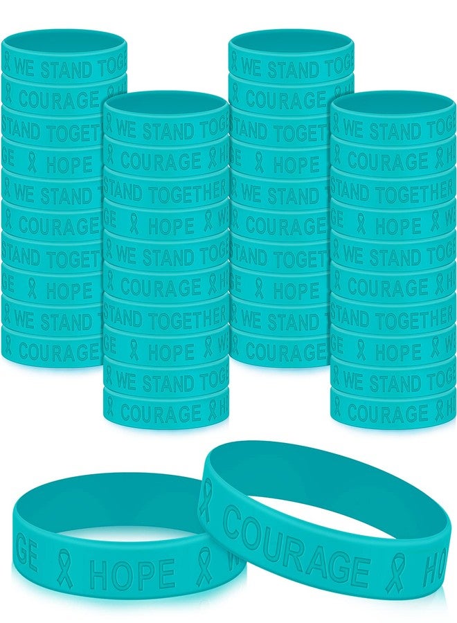Kigeli 100 Pcs Teal Ribbon Awareness Silicone Wristbands Teal Ribbon Silicone Bracelets Bulk Motivational Wristbands Rubber Cervical Ovarian Cancer Awareness Products for Men Women Survivor Events, - Image 1