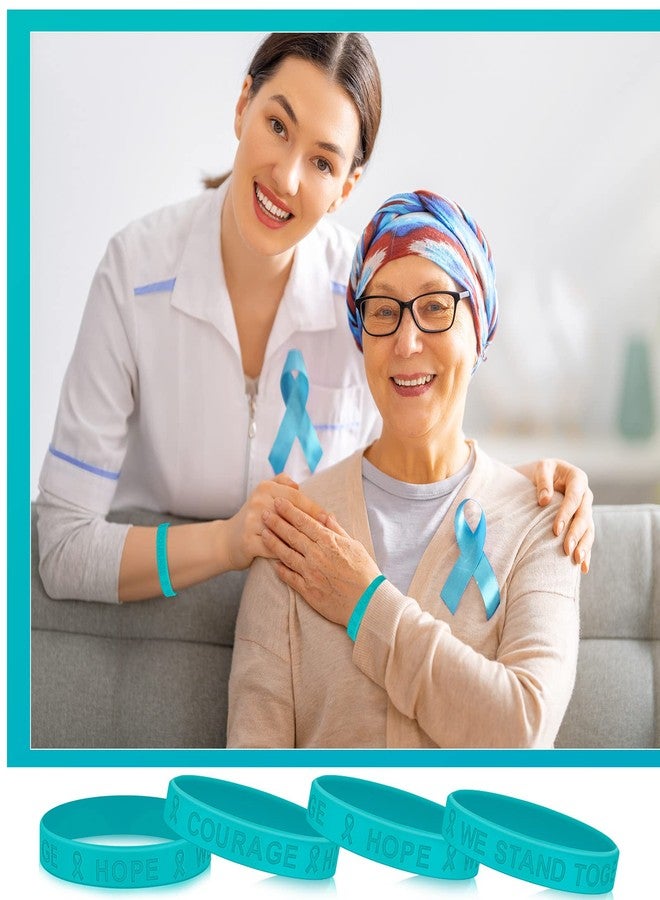 Kigeli 100 Pcs Teal Ribbon Awareness Silicone Wristbands Teal Ribbon Silicone Bracelets Bulk Motivational Wristbands Rubber Cervical Ovarian Cancer Awareness Products for Men Women Survivor Events, - Image 3
