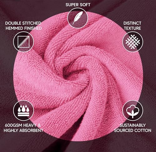 YRALY 8 Piece Luxury Towel Set, 600 GSM Ring Spun Cotton, Soft & Absorbent Viscose Stripe Towels, 2 Bath, 2 Hand, and 4 Wash Cloths Ideal for Daily Use, Pink - Image 2