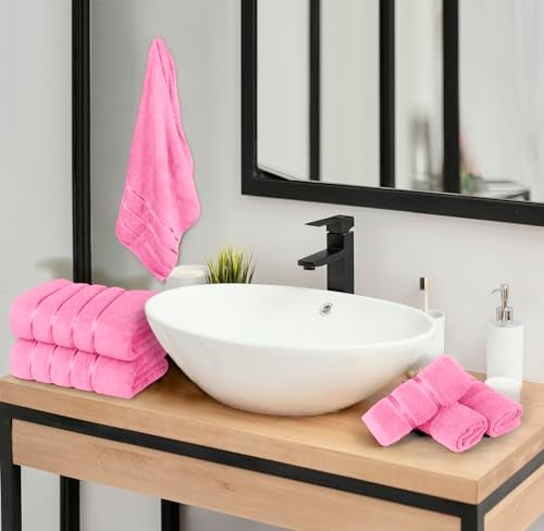 YRALY 8 Piece Luxury Towel Set, 600 GSM Ring Spun Cotton, Soft & Absorbent Viscose Stripe Towels, 2 Bath, 2 Hand, and 4 Wash Cloths Ideal for Daily Use, Pink - Image 5