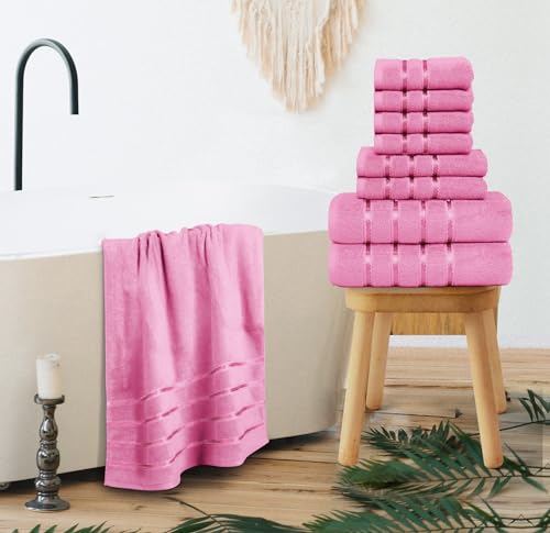 YRALY 8 Piece Luxury Towel Set, 600 GSM Ring Spun Cotton, Soft & Absorbent Viscose Stripe Towels, 2 Bath, 2 Hand, and 4 Wash Cloths Ideal for Daily Use, Pink - Image 4