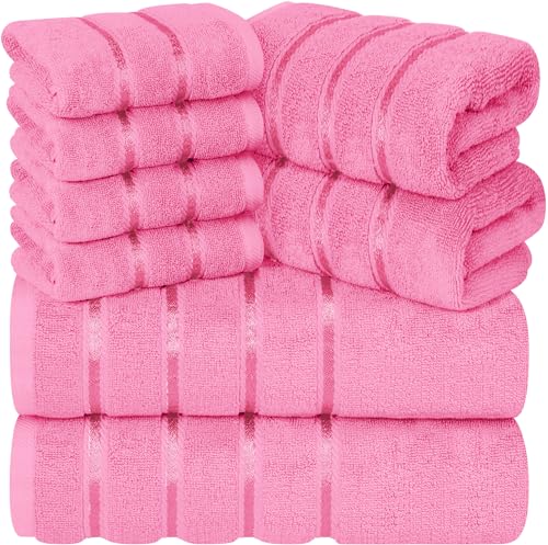 YRALY 8 Piece Luxury Towel Set, 600 GSM Ring Spun Cotton, Soft & Absorbent Viscose Stripe Towels, 2 Bath, 2 Hand, and 4 Wash Cloths Ideal for Daily Use, Pink - Image 1
