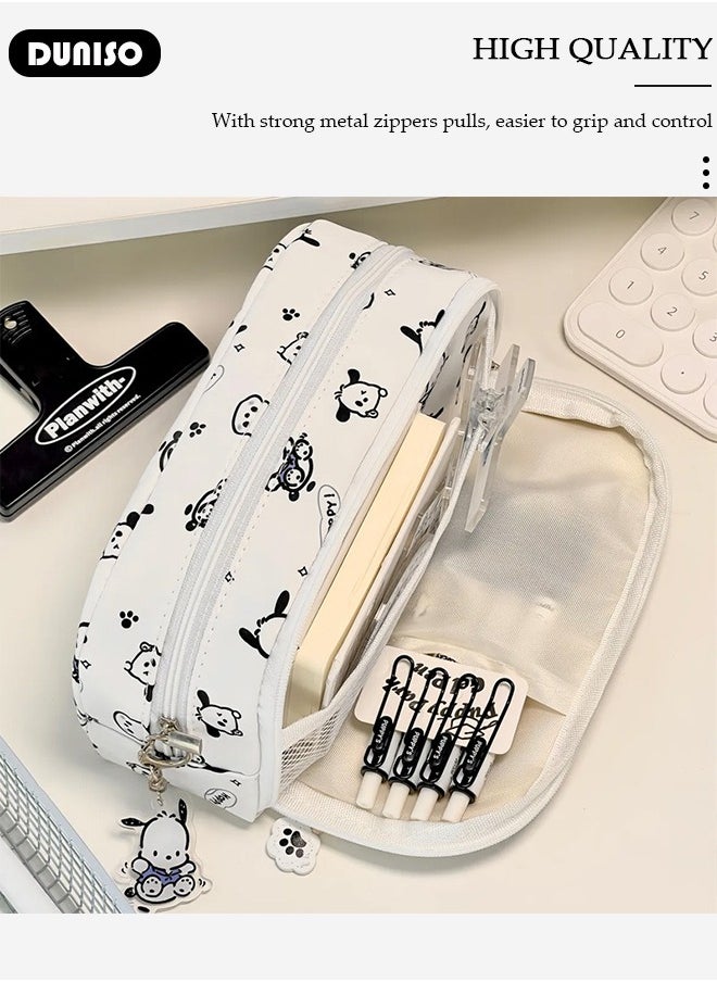 DUNISO 2 Layers Pochacco Pencil Case for Boys and Girls,Large Capacity Multifunctional Durable Zipper Pen Bag,Simple Cute White Pencil Painting Storage Pouch with Kawaii Decorations and Cartoon Character Printing,Suitable for College School Gift  - Image 3