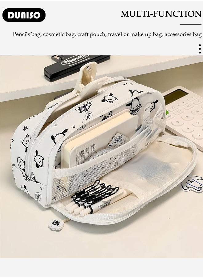 DUNISO - 2 Layers Pochacco Pencil Case for Boys and Girls,Large Capacity Multifunctional Durable Zipper Pen Bag,Simple Cute White Pencil Painting Storage Pouch with Kawaii Decorations and Cartoon Character Printing,Suitable for College School Gift - Image 1