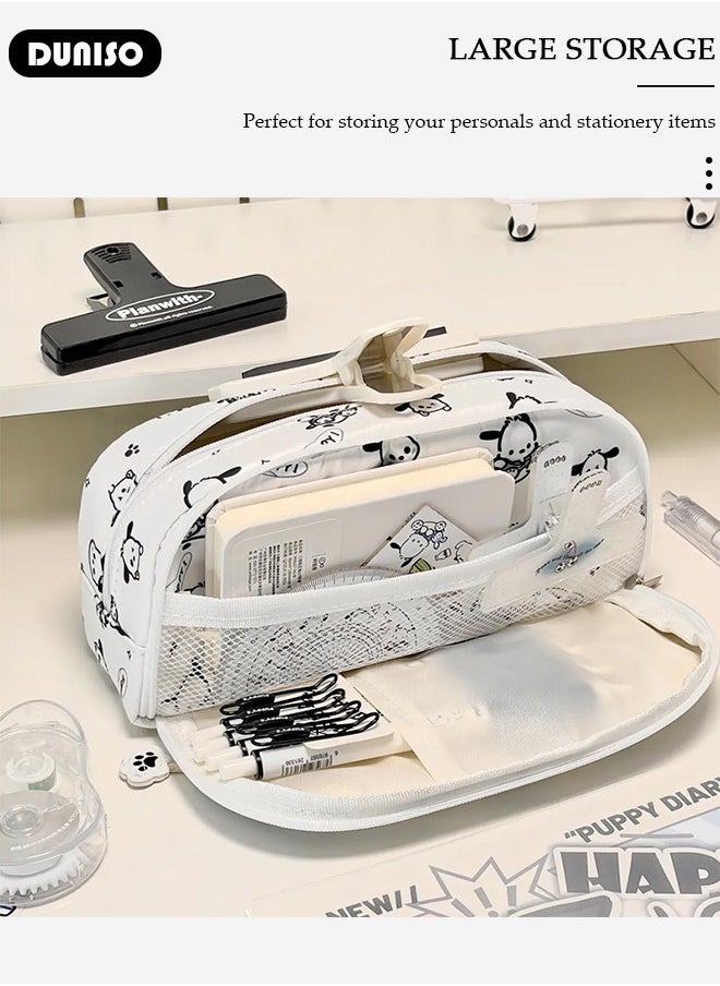 DUNISO 2 Layers Pochacco Pencil Case for Boys and Girls,Large Capacity Multifunctional Durable Zipper Pen Bag,Simple Cute White Pencil Painting Storage Pouch with Kawaii Decorations and Cartoon Character Printing,Suitable for College School Gift  - Image 5
