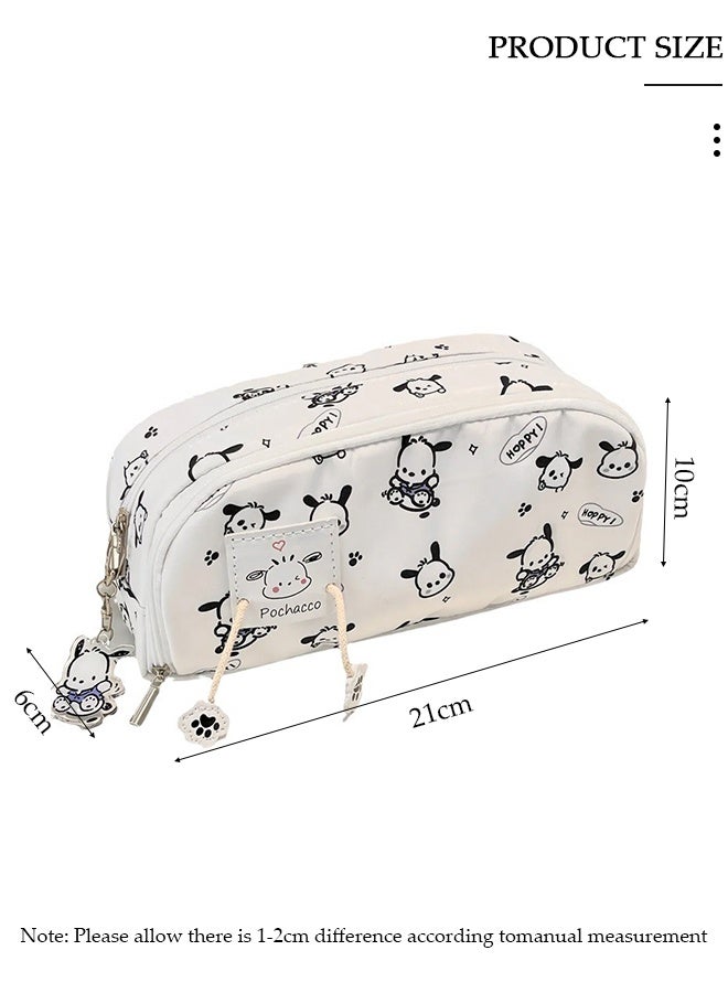 DUNISO 2 Layers Pochacco Pencil Case for Boys and Girls,Large Capacity Multifunctional Durable Zipper Pen Bag,Simple Cute White Pencil Painting Storage Pouch with Kawaii Decorations and Cartoon Character Printing,Suitable for College School Gift - Image 2