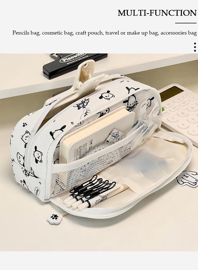 DUNISO 2 Layers Pochacco Pencil Case for Boys and Girls,Large Capacity Multifunctional Durable Zipper Pen Bag,Simple Cute White Pencil Painting Storage Pouch with Kawaii Decorations and Cartoon Character Printing,Suitable for College School Gift - Image 5