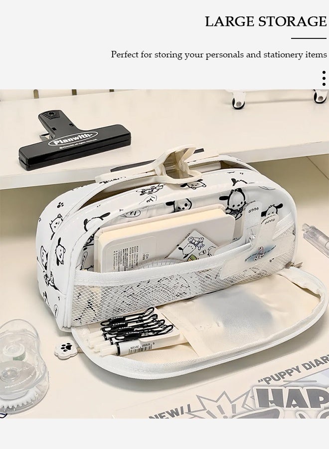 DUNISO 2 Layers Pochacco Pencil Case for Boys and Girls,Large Capacity Multifunctional Durable Zipper Pen Bag,Simple Cute White Pencil Painting Storage Pouch with Kawaii Decorations and Cartoon Character Printing,Suitable for College School Gift - Image 4