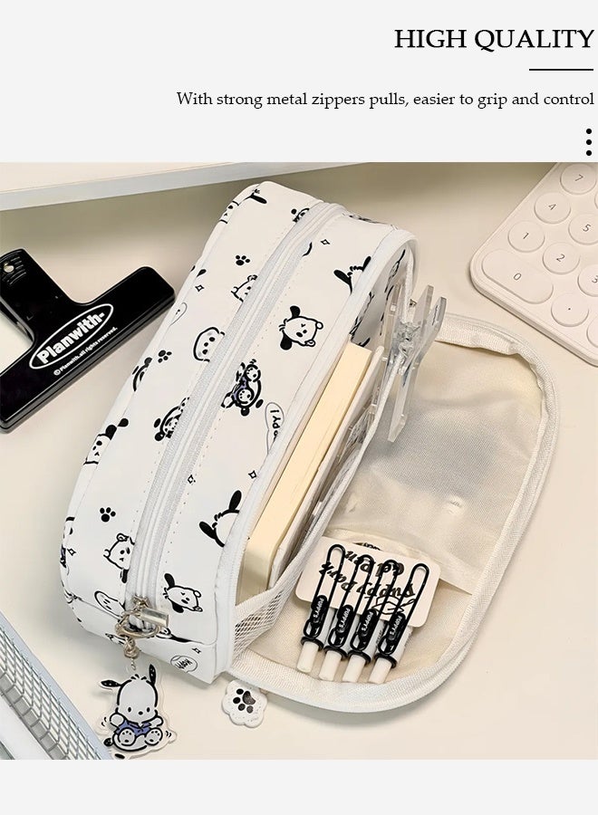 DUNISO 2 Layers Pochacco Pencil Case for Boys and Girls,Large Capacity Multifunctional Durable Zipper Pen Bag,Simple Cute White Pencil Painting Storage Pouch with Kawaii Decorations and Cartoon Character Printing,Suitable for College School Gift - Image 3