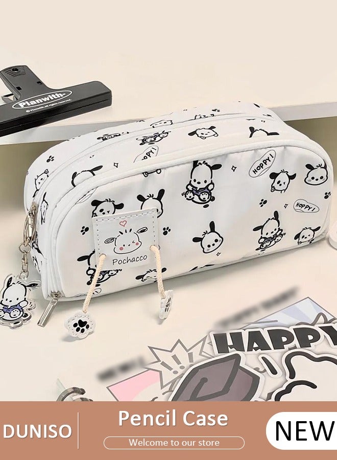 DUNISO 2 Layers Pochacco Pencil Case for Boys and Girls,Large Capacity Multifunctional Durable Zipper Pen Bag,Simple Cute White Pencil Painting Storage Pouch with Kawaii Decorations and Cartoon Character Printing,Suitable for College School Gift - Image 1