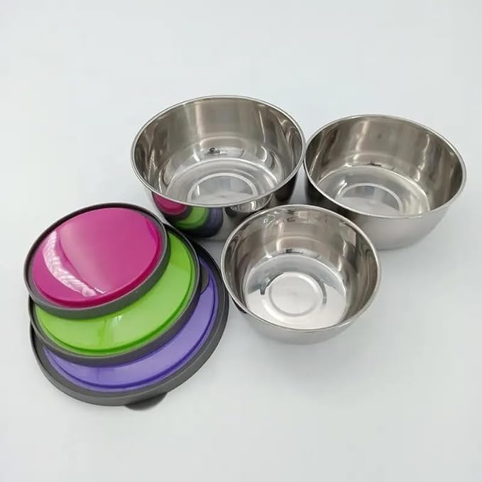 KERFORA Set of 3 Stainless Steel Food Storage Bowls with Airtight Plastic Lids, Round Shaped for Kitchen, Cooking, Mixing, Baking, and Food Serving (Multicolour, 1set) - Image 4