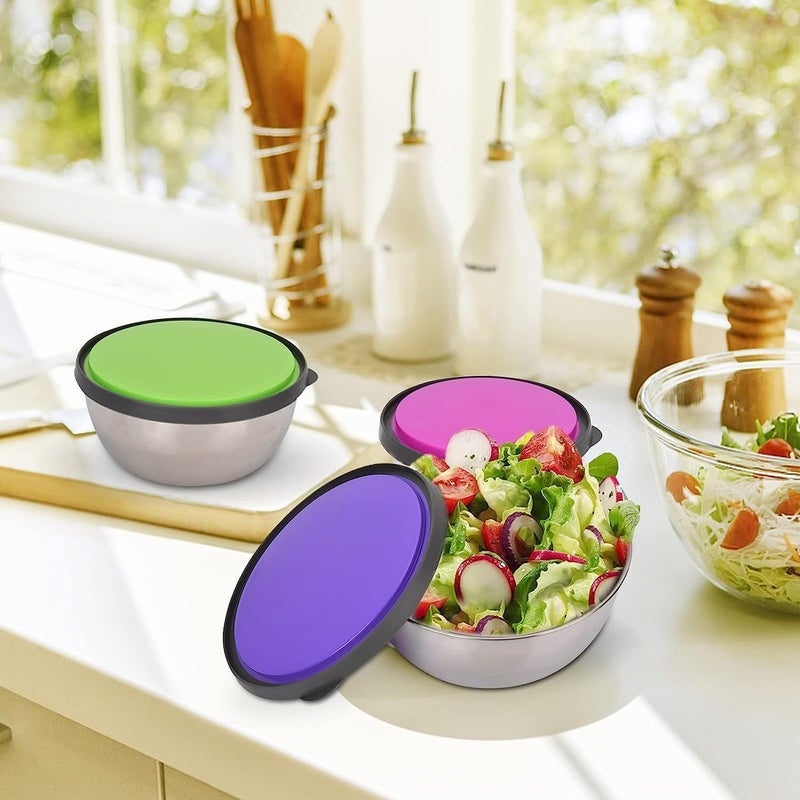 KERFORA Set of 3 Stainless Steel Food Storage Bowls with Airtight Plastic Lids, Round Shaped for Kitchen, Cooking, Mixing, Baking, and Food Serving (Multicolour, 1set) - Image 5