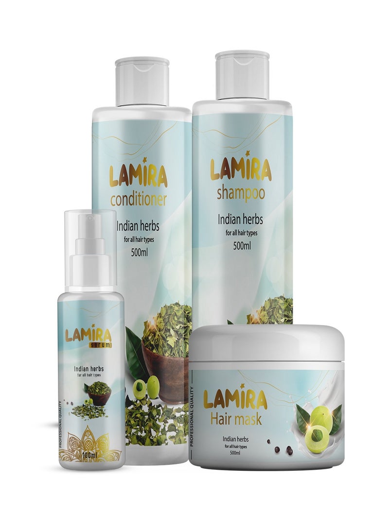 LAMIRA "Indian Herbal Hair Care Set - Shampoo 500ml, Conditioner 500ml, Hair Mask 500ml, and Serum 100ml" - Image 1
