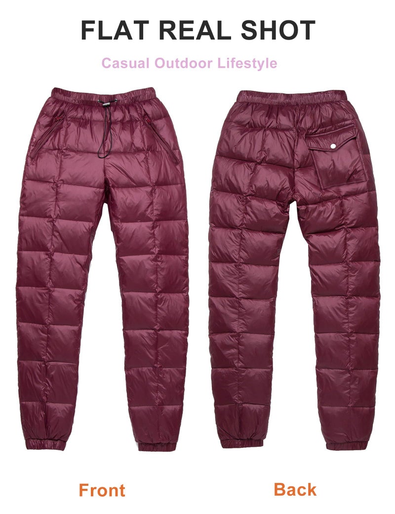 Flygo Womens Snow Pants Packable Winter Waterproof Windproof Outdoor Ultralight Warm Down Ski Pants Trousers(WineRed-L) - Image 5