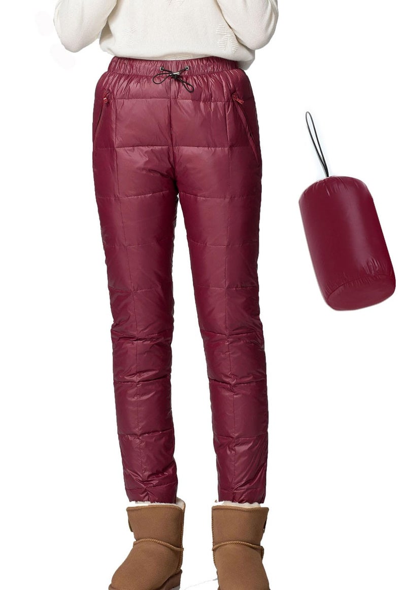Flygo Womens Snow Pants Packable Winter Waterproof Windproof Outdoor Ultralight Warm Down Ski Pants Trousers(WineRed-L) - Image 1